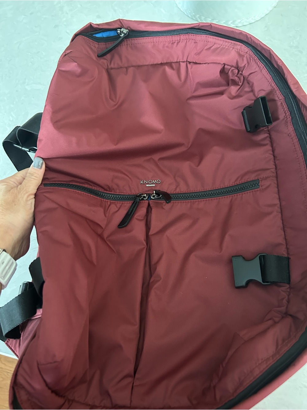 KNOMO London Men's/womens Burgundy Travel Backpack - Sleek. Laptop area